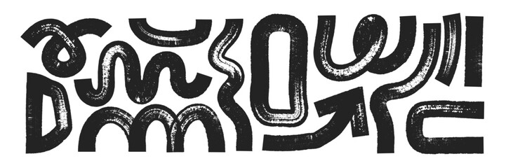 Set of abstract rough shapes with organic texture of brush, marker or crayon. Creative design elements in hand drawn style. Black vector illustration isolated on a white background.