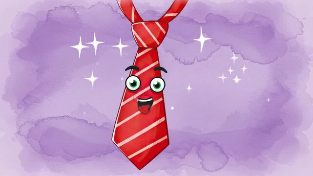 Animated red tie with a face against purple watercolor background