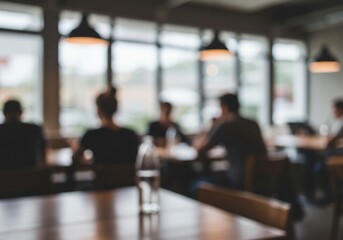 Blurred background of people sitting and talking in a modern cafe.