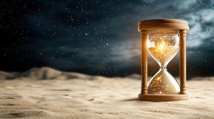 Glowing sand clock with galaxies inside, symbolizing time and wonder in cosmic landscape