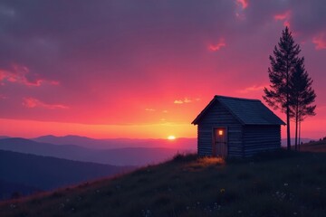 Serene Sunset View A Cozy Cabin on a Hilltop, Illuminated by the Warm Glow of the Evening Sun, Silhouetted Against a Vibrant Sky and Majestic Mountain Range