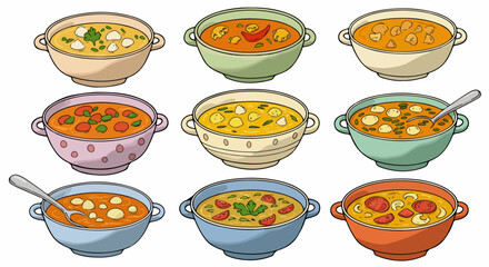 Various bowls of soup with different ingredients