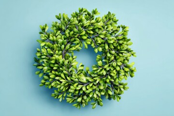 Fototapeta premium A vibrant, circular wreath of lush, vibrant green foliage is presented against a pale, light-blue backdrop.