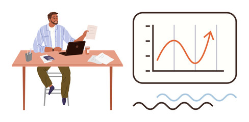 Man sitting at desk examining document with laptop, charts, and papers. Ideal for business growth, data analysis, office work, planning, productivity, strategy simple flat metaphor