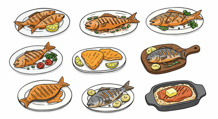 Various cooked fish dishes on plates