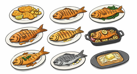 Various cooked fish dishes on plates