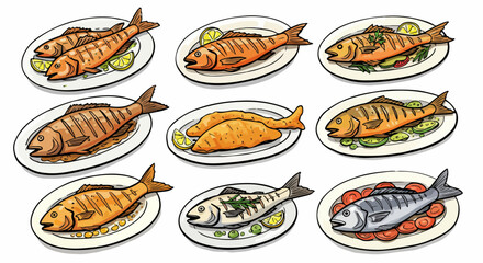 Various cooked fish dishes on plates