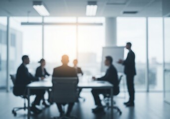 Blurred Silhouettes of a Business Team in a Modern Office Meeting.