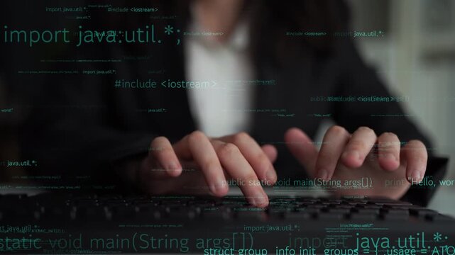 A business professional is actively typing code on a laptop keyboard, surrounded by lines of Java code on the computer screen, highlighting a focus on software development. Xenic