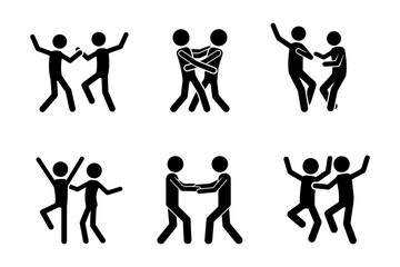 Stickman couple dancing vector illustration, partner dance silhouette icon set showing people dancing together, joyful movement, fun activity, social dance, celebration, and party concept design.