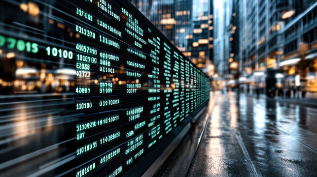 Digital stock market ticker displaying glowing green numbers in cityscape at night