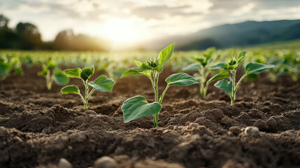 Young plants growing in fertile soil under beautiful sunset, showcasing nature beauty and growth
