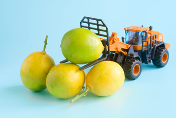 Toy forklift lifts a ripe lime onto a stack of citrus on pastel blue; playful farm mechanization concept, lime harvest and packing for sale and transport. Photo