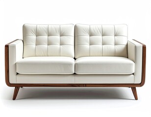 Obraz premium White quilted couch with wooden frame on clean white backdrop