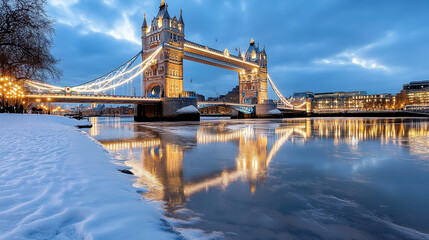 Naklejka premium Tower Bridge illuminated at dusk with reflections on water, surrounded by snow