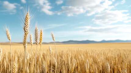 Fototapeta premium Golden wheat field blue sky with clouds, showcasing nature beauty and agricultural abundance