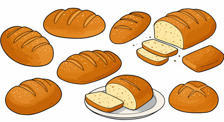 Fresh baked bread loafs and slices with transparent background