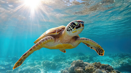 Obraz premium Serene turtle gliding gracefully through clear ocean waters, illuminated by sunlight