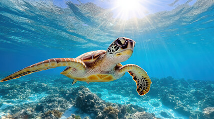 Obraz premium Turtle glides gracefully through clear ocean water, illuminated by sunlight