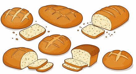 Assorted bread loaves with sliced portions