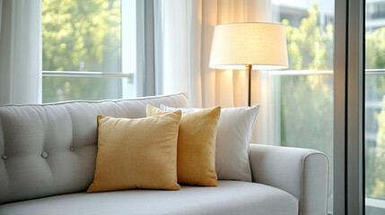 Cozy sofa with yellow pillows near window, illuminated by soft light, creating warm atmosphere