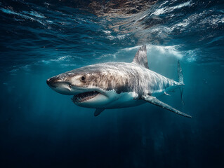 Naklejka premium large shark swimming underwater, with its body illuminated by light filtering through the water. The setting appears to be deep in the ocean, with dark blue hues dominating the background.