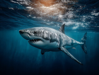 Fototapeta premium large shark swimming underwater, with its body illuminated by light filtering through the water. The setting appears to be deep in the ocean, with dark blue hues dominating the background.