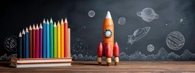 Colorful pencils forming a rocket launch against a chalkboard background