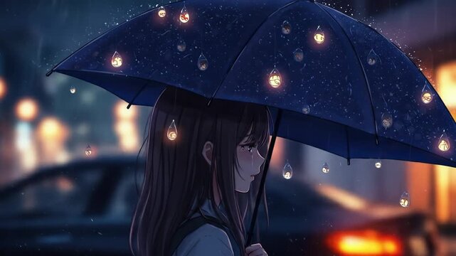 Anime style illustration of a girl with an umbrella on a rainy day