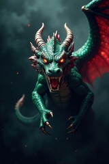Obraz premium A Fearsome Juvenile Dragon with Glowing Eyes and Razor Claws, Poised for Action Amidst a Smoky, Ember-Filled Atmosphere