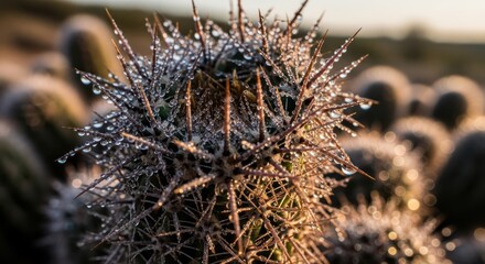Cactus needles glistening with morning dew drops in arid desert landscape details