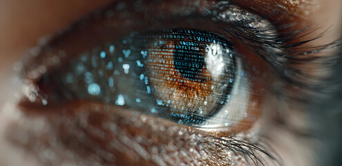 close-up of an eye with binary code reflecting in the iris, symbolizing artificial intelligence and data technology concept.