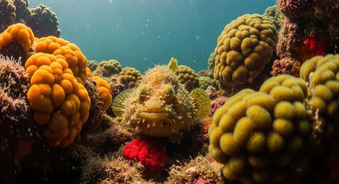 Camouflaged toadfish surrounded by vibrant coral formations in tranquil turquoise waters