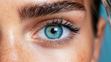 Fototapeta premium Close up portrait of eye sparkling with colorful glitter and vibrant blue iris