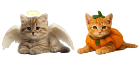 Adorable pet Halloween ideas, sweet kitten duo dressed as angel with halo and pumpkin with leaf hat, isolated on white background for joyful festive charm, cozy feline fashion, and seasonal campaign