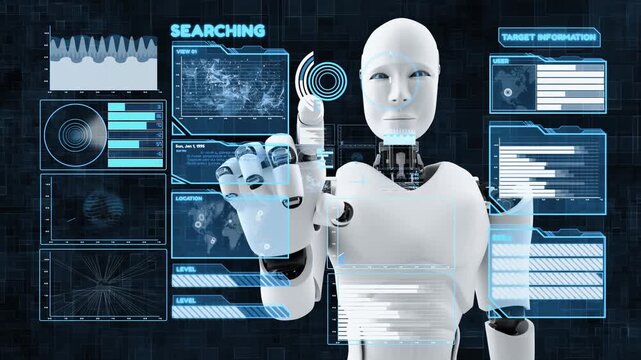 Futuristic robot, artificial intelligence CGI big data analytics and programming . Robotic man 3D render animation .