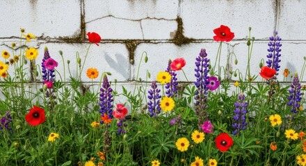A vibrant symphony of wildflowers against a weathered white brick background showcasing nature's