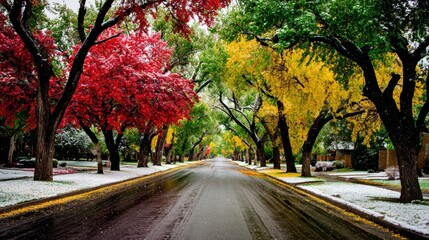 Naklejka premium Nature's delicate transition: capturing autumn's early snowfall. Documentary view. Subtle climate shifts: autumnal vibrance meets early snow. Reportage shot. Breaking news.