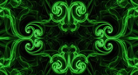 Abstract swirling patterns in vibrant green creating a kaleidoscopic design resembling smoke