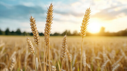 Fototapeta premium Golden wheat field at sunset, showcasing nature beauty and tranquility