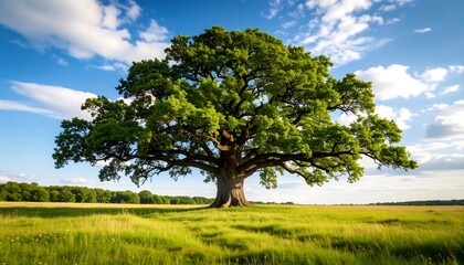 Majestic oak in a grassy field under a blue sky