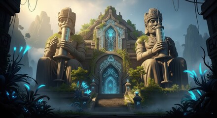 Ancient guardians watch over the luminous portal of a forgotten temple overgrown with vegetation