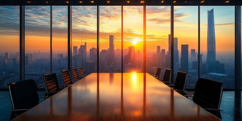 Fototapeta premium Conference room overlooking a cityscape at sunset with a long wooden table and black leather chairs , 8k resolution