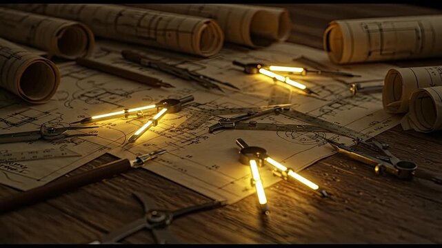 Architectural drafting tools and blueprints on wooden table