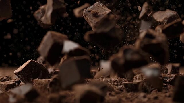 Chunks of dark substance scattered amidst a cloud of powder. Dynamic composition of the fragments