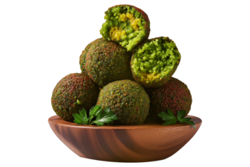 Taameya Egyptian falafel balls made from chickpeas or fava beans, isolated on white transparent background, concept of ethnic Arabic food