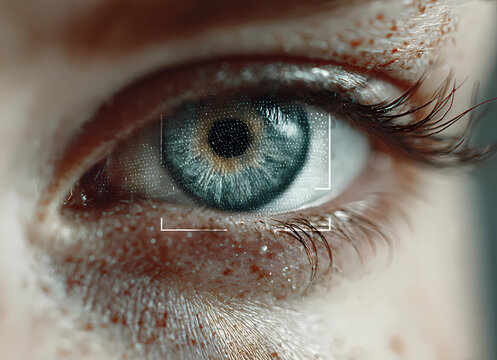 close-up of an eye with digital data overlay, symbolizing the use in biometric recognition technology