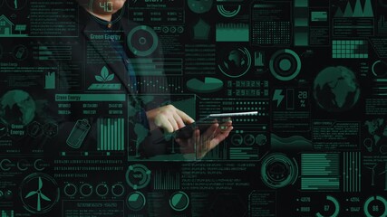 A professional engaged in analyzing green energy data on a tablet, surrounded by visual graphics in a dark setting, showcasing eco-friendly technology and sustainability trends. Cipher - Powered by Adobe