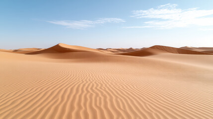Endless golden dunes stretch across horizon under clear blue sky, creating serene landscape