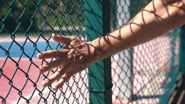 Hand Touching Metal Fence at Urban Basketball Court. Street Sport and City Vibes